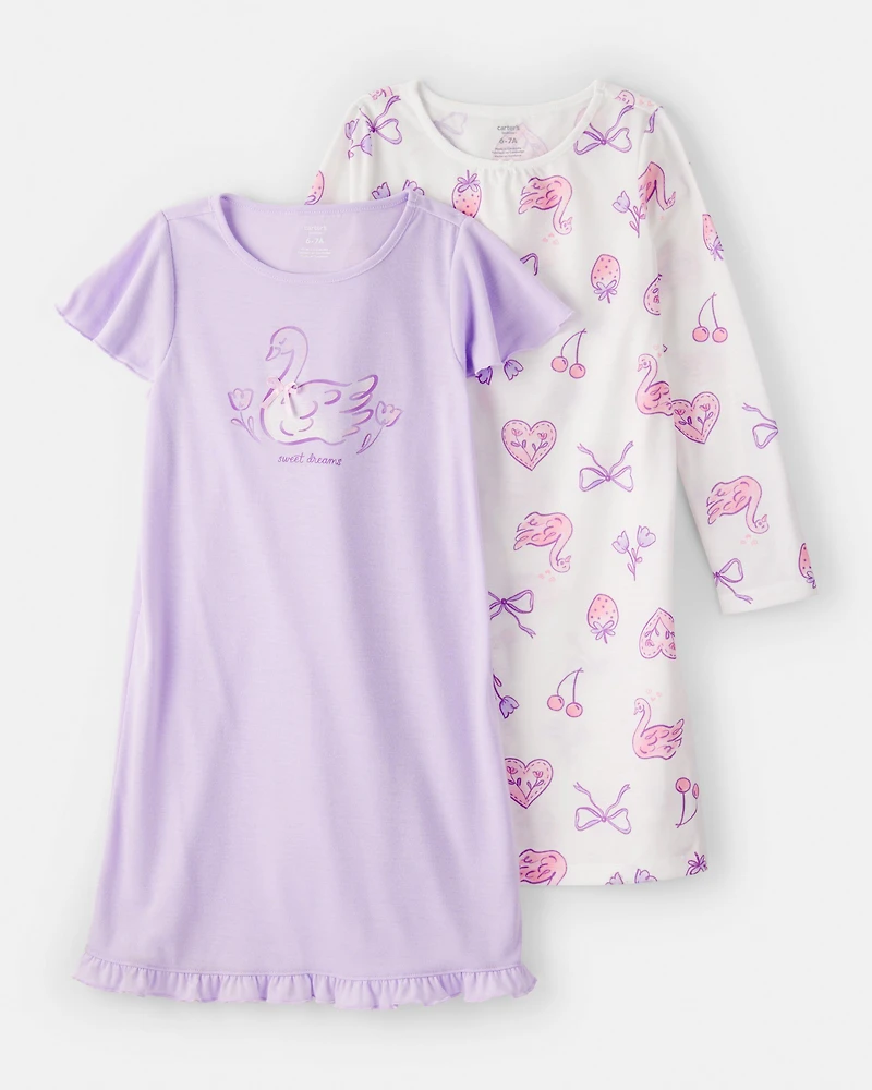 Girls Swan Floral Loose Fit Night Gown - Purple/White