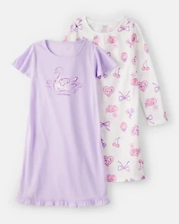 Girls Swan Floral Loose Fit Night Gown - Purple/White