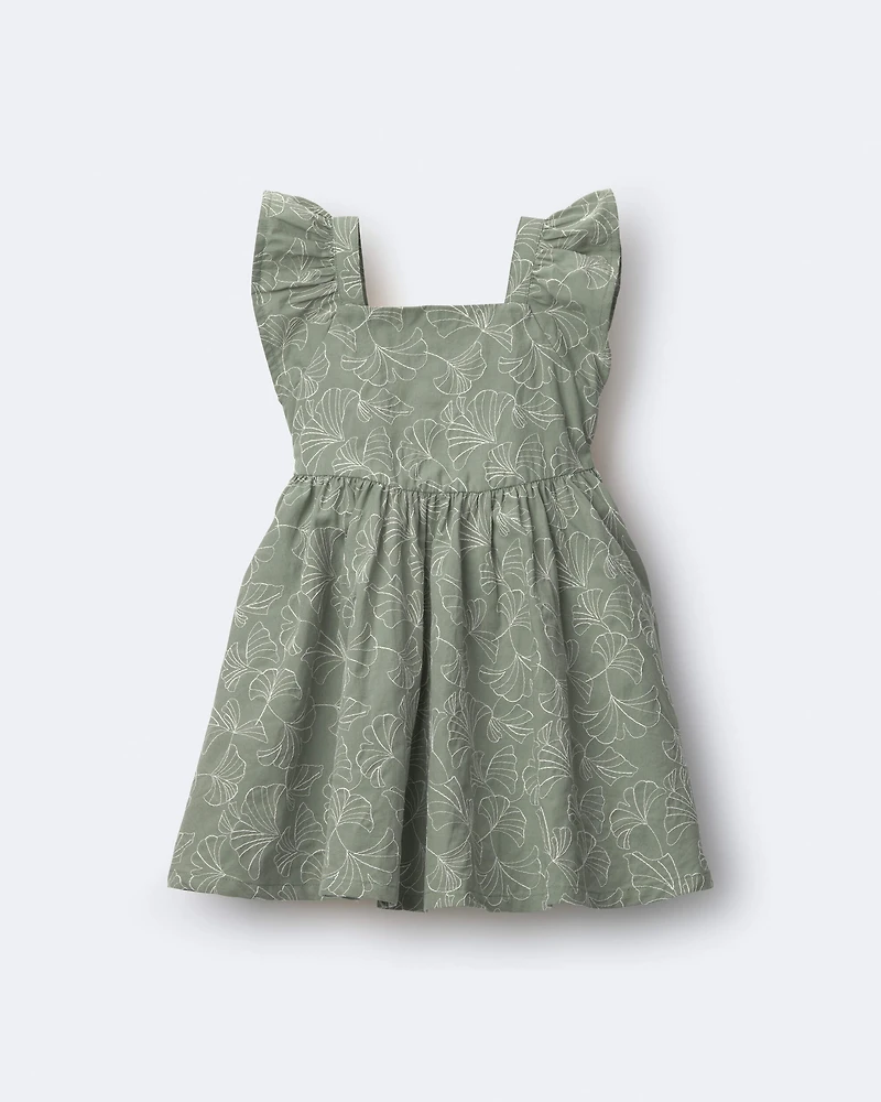 Toddler Girl Embroidered Flutter Sleeve Dress in Floral Print - Green