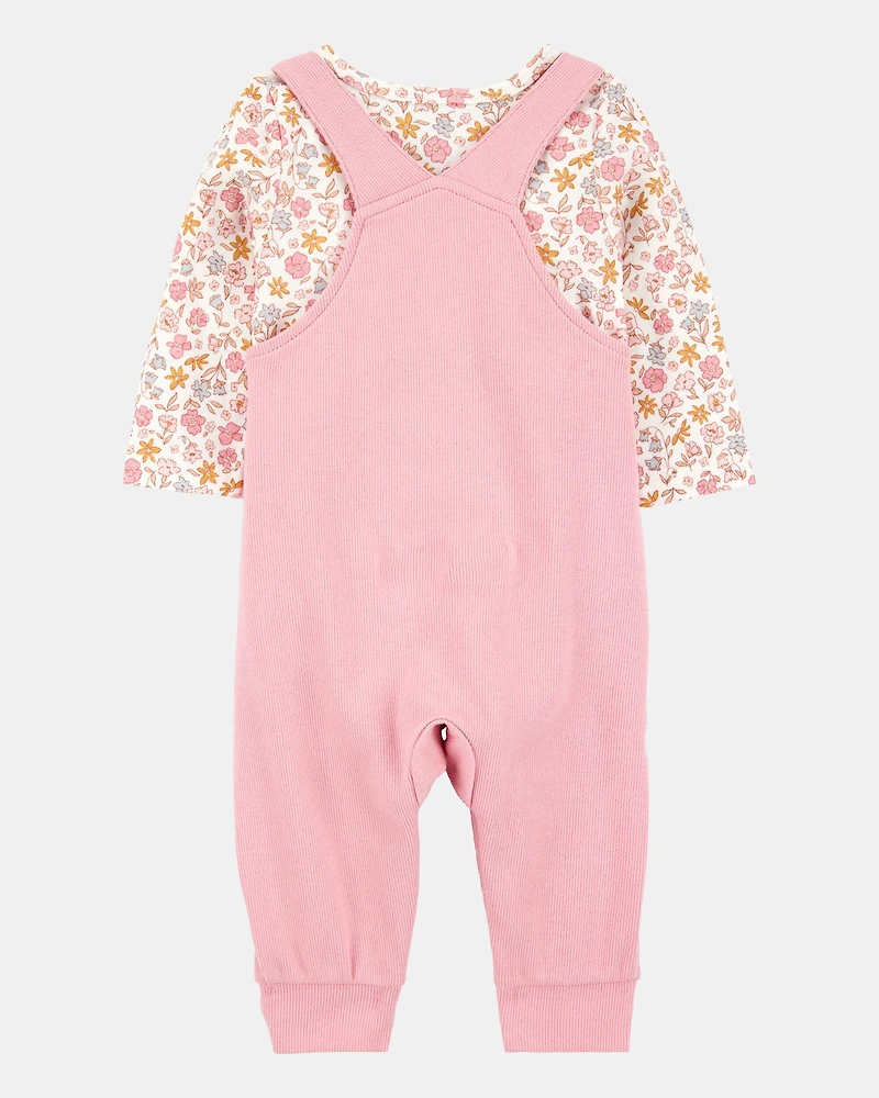 Baby 2-Piece Floral Bunny Long-Sleeve Tee & Coverall Set - Pink
