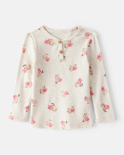 Baby Girl Floral Print Cotton Long-Sleeve Henley Top - Cream