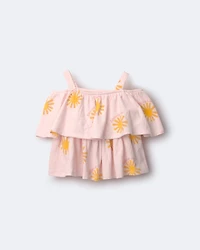 Toddler Girl Off Shoulder Flowy Top in Sunny Life Print - Light Pink