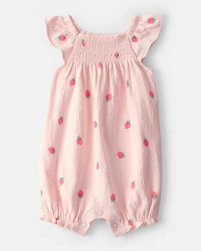 Baby Girl Strawberry Flutter-Sleeve Romper - Pink