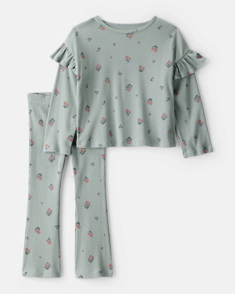 Toddler Girl 2-Piece Floral Cotton Long-Sleeve Tee & Pant Set - Green