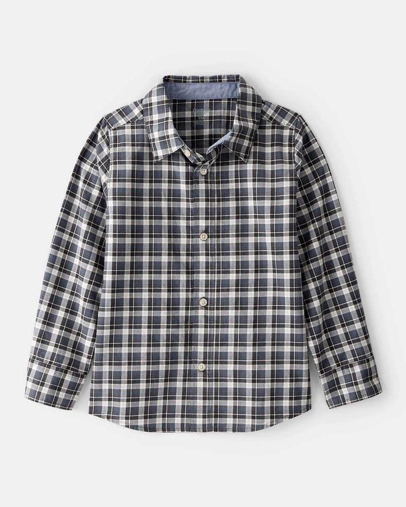 Boys Plaid Cotton Long-Sleeve Button-Down Shirt - Grey