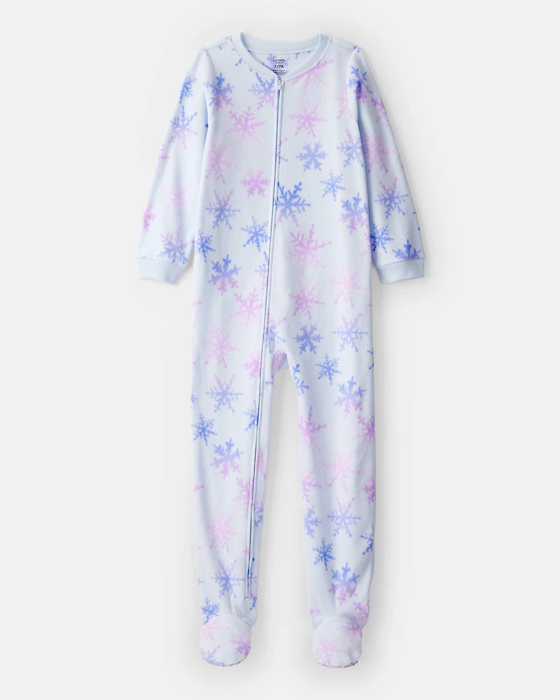 Girls Snowflake Fleece Long-Sleeve Loose Fit 1-Piece Pajamas - Blue