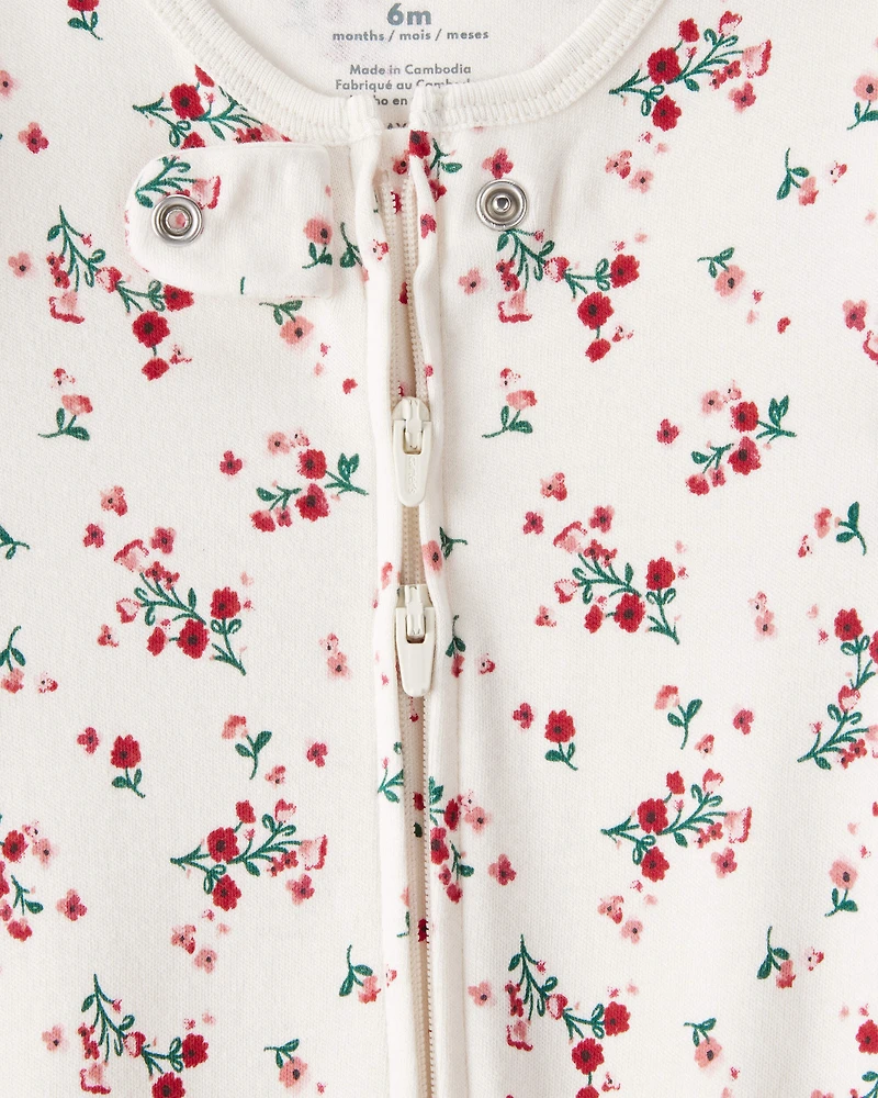 Baby Girl Bow Floral Print 100% Cotton Sleep & Play Pajamas - White/Red