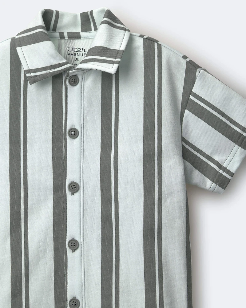 Toddler Boy Button-Down Short-Sleeve Shirt in Stripes - Light Blue/Sage