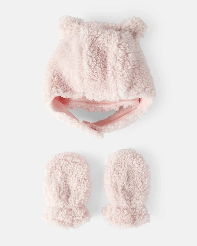 Baby Girl Sherpa Winter Hat & Mittens Set