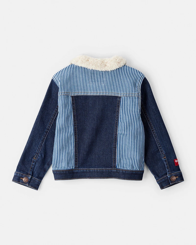 Toddler Hickory Stripe Denim Jacket with Teddy Fleece Collar - Blue