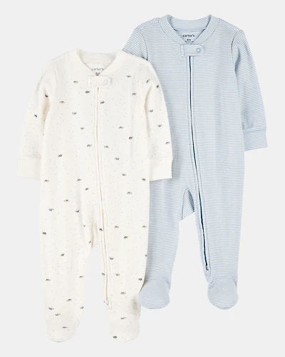 Baby Boy 2-Pack 2-Way Zip Cotton Sleep & Play Pajamas - Blue/White