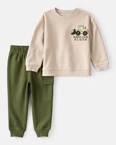 Toddler Boy 2-Piece Construction Pullover & Pant Set - Green/Tan