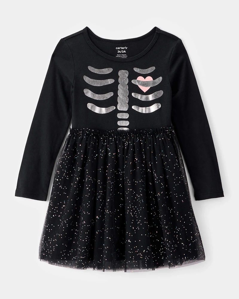 Toddler Halloween Skeleton Glitter Tulle Dress - Black