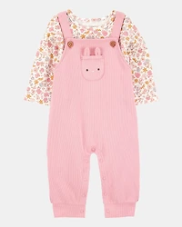 Baby 2-Piece Floral Bunny Long-Sleeve Tee & Coverall Set - Pink