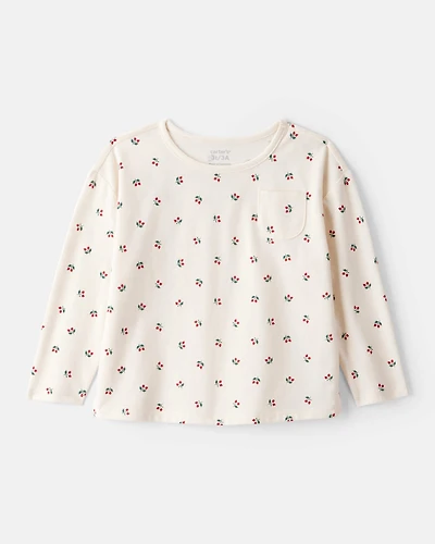 Toddler Girl Holly Berry Print Cotton Long-Sleeve Top - Cream