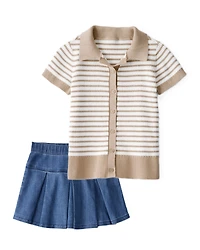 Girls 2-Piece Striped Short-Sleeve Button-Down Tee & Denim Skort Set - Multi