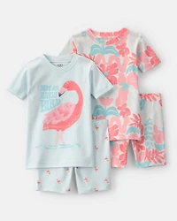 Baby Girl Flamingo 100% Cotton Short-Sleeve Snug Fit 4-Piece Pajama Set - Pink/Blue