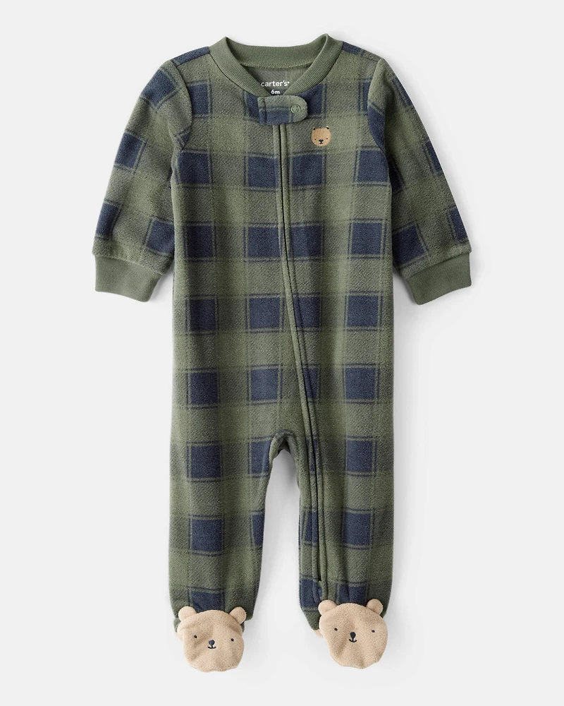 Baby Boy Bear Plaid Print Fleece Loose Fit Long-Sleeve Sleep & Play Pajamas - Green