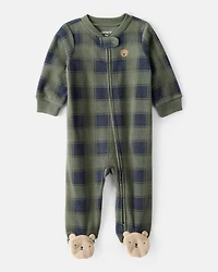 Baby Boy Bear Plaid Print Fleece Loose Fit Long-Sleeve Sleep & Play Pajamas - Green