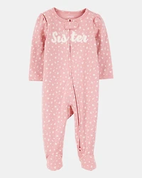 Baby Girl 'Little Sister' 2-Way Zip Cotton Sleep & Play Pajamas - Pink