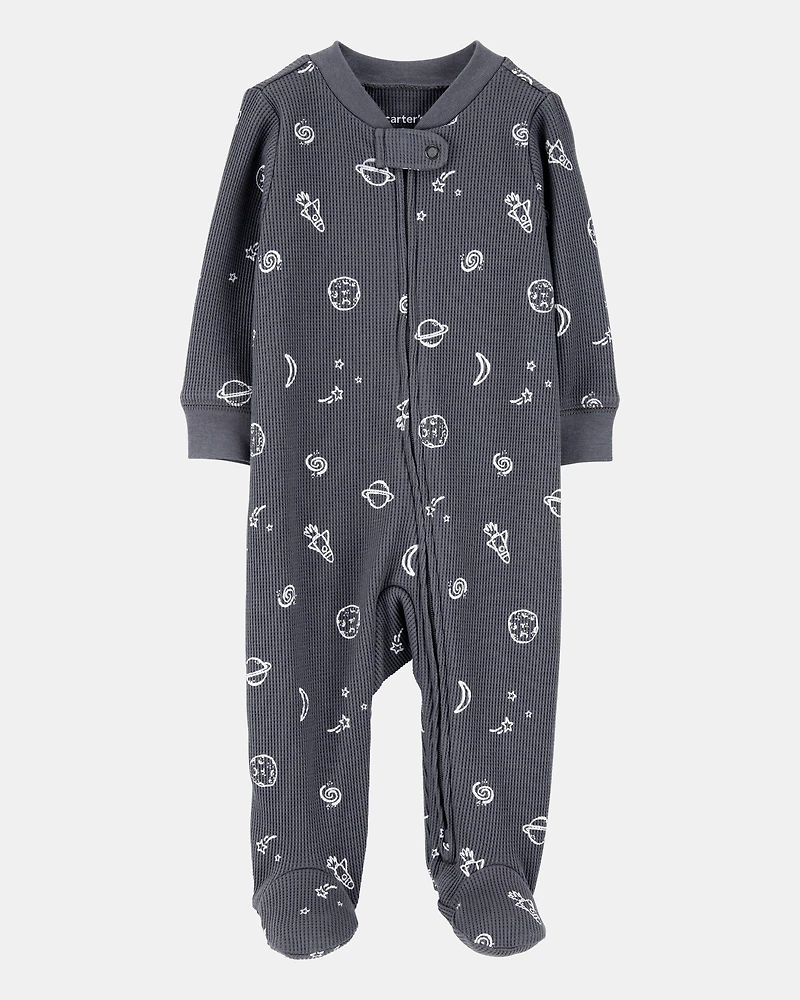 Baby Boy Space Print 2-Way Zip Waffle Knit Sleep & Play Pajamas - Grey