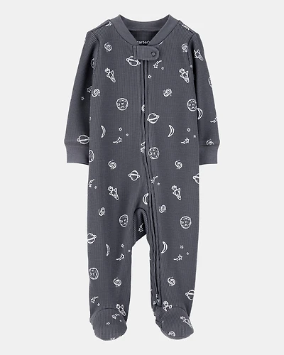 Baby Boy Space Print 2-Way Zip Waffle Knit Sleep & Play Pajamas - Grey