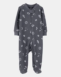 Baby Boy Space Print 2-Way Zip Waffle Knit Sleep & Play Pajamas - Grey