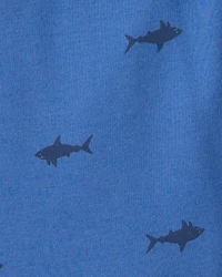 Boys Shark 100% Cotton Short-Sleeve Snug Fit 4-Piece Pajama Set - Blue