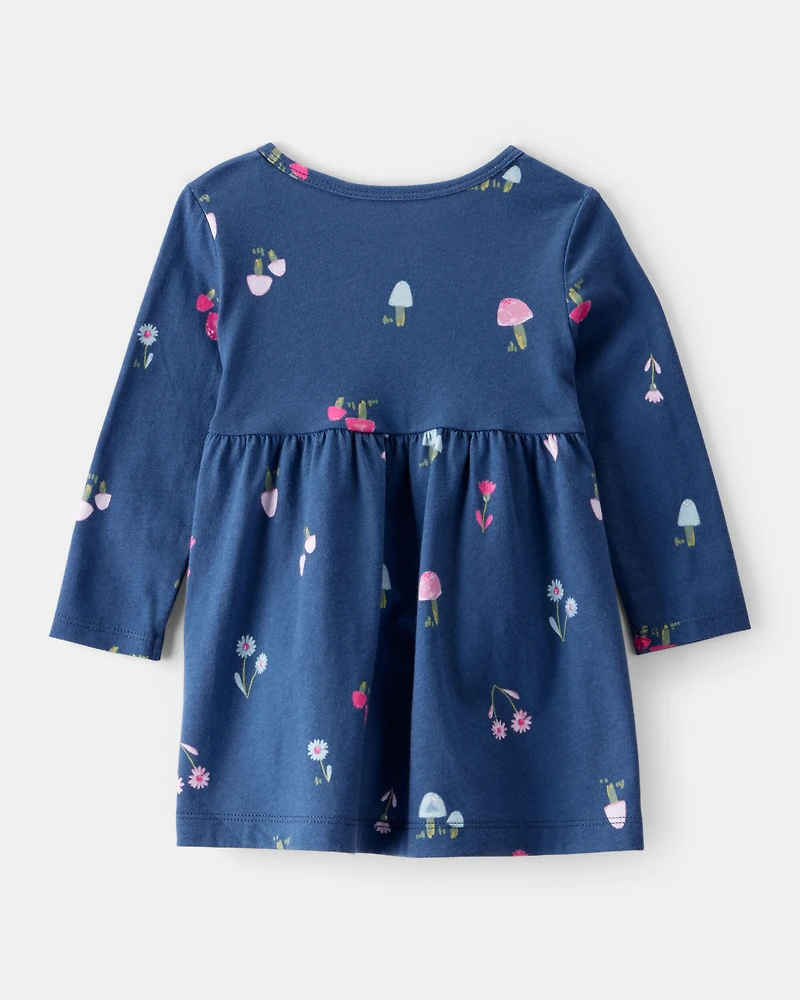 Baby Girl Mushroom Print Long-Sleeve Cotton Dress - Blue