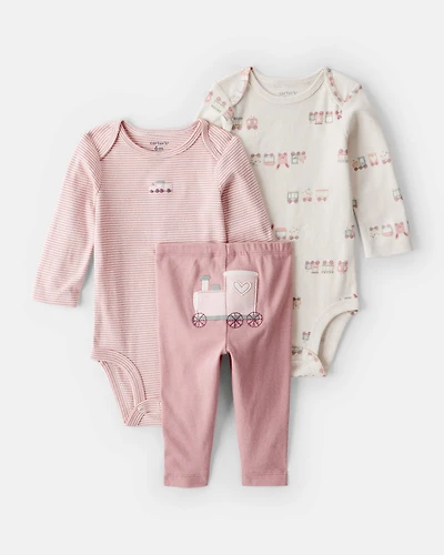 Baby Girl 3-Piece Train Print Long-Sleeve Bodysuit & Pant Set - Pink
