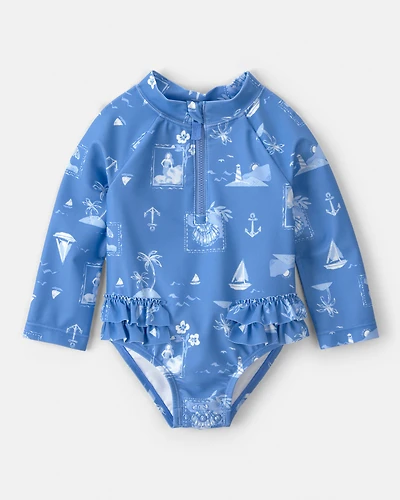 Baby Girl Sailboat Long-Sleeve 1-Piece Rashguard Swimsuit - Blue