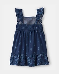 Toddler Girl Floral Ruffle-Sleeve Dress - Navy