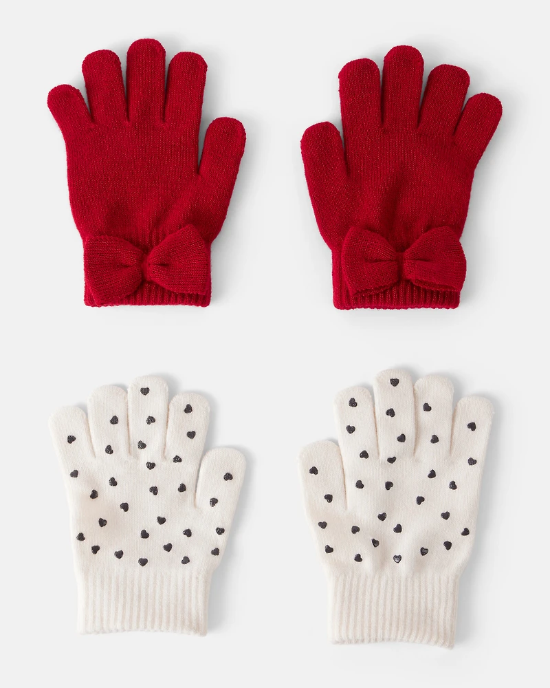 Girls 2-Pack Heart & Bow Winter Gloves - Red/Cream