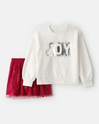Girls Christmas 2-Piece Joy Long-Sleeve Top & Skirt Set - White