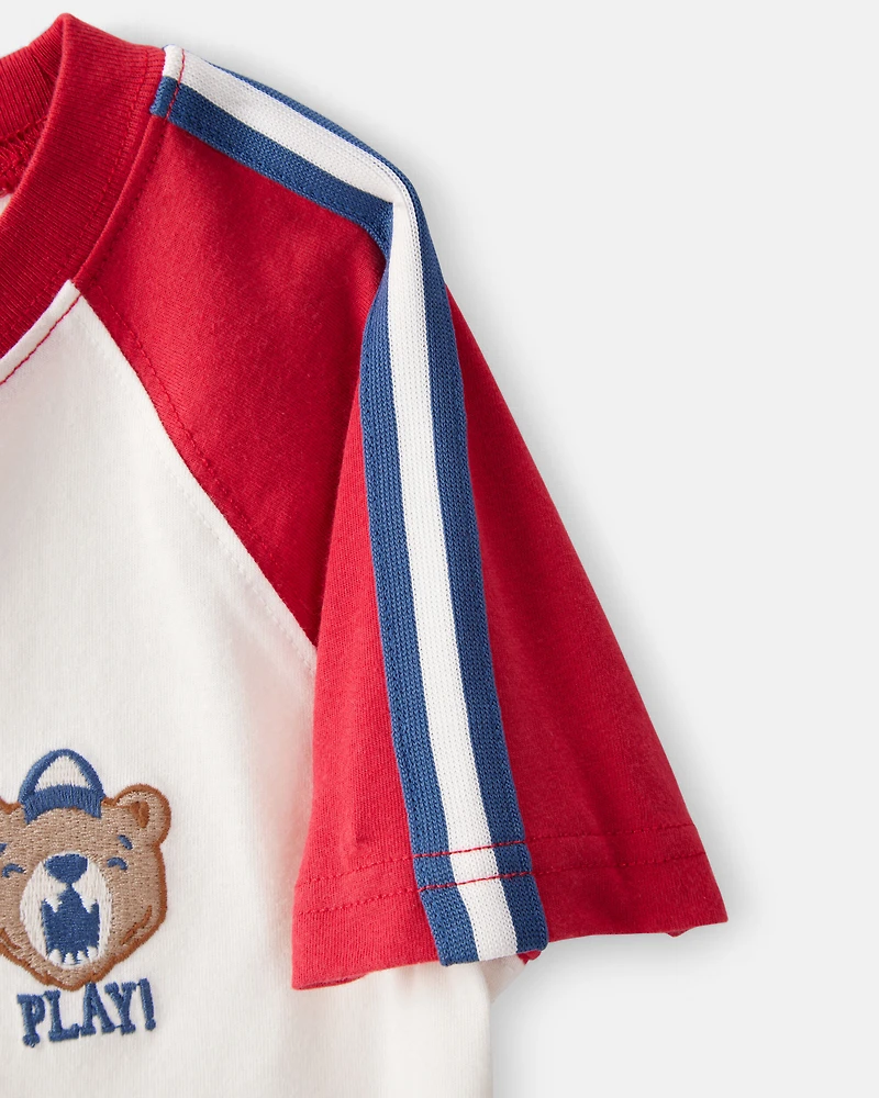 Toddler Boy 2-Piece Bear Graphic Tee & Striped Joggers Set - White/Red