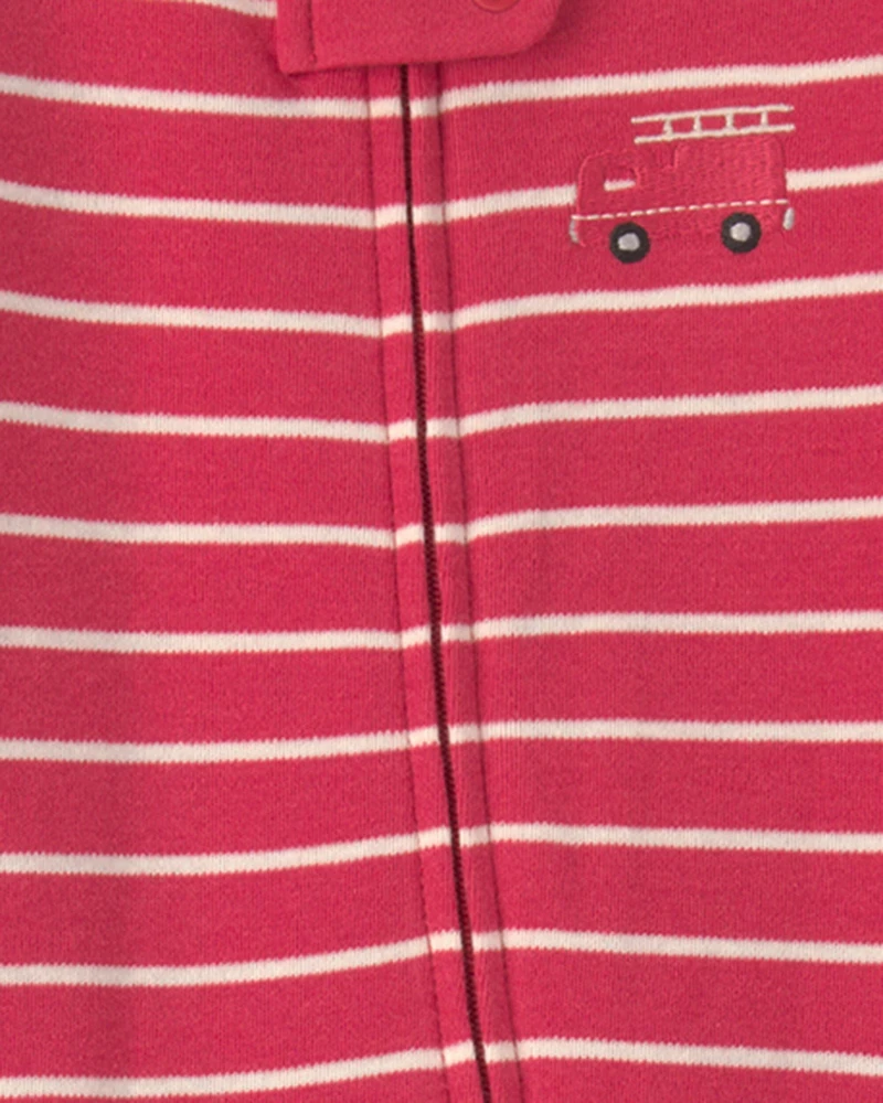 Baby Boy Firetruck Striped 100% Cotton 2-Way Zip Sleep & Play Pajamas - Red