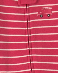 Baby Boy Firetruck Striped 100% Cotton 2-Way Zip Sleep & Play Pajamas - Red