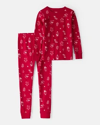Kid Christmas 100% Cotton Snug Fit 2-Piece Pajamas - Red