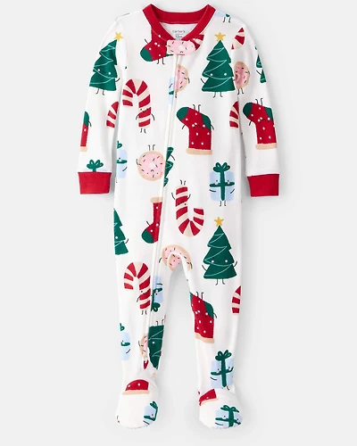 Toddler Festive Friends Christmas 100% Cotton Long-Sleeve Loose Fit 1-Piece Pajamas - White