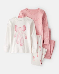Baby Girl Ballet Print 100% Cotton Long-Sleeve 4-Piece Pajamas - Pink/White