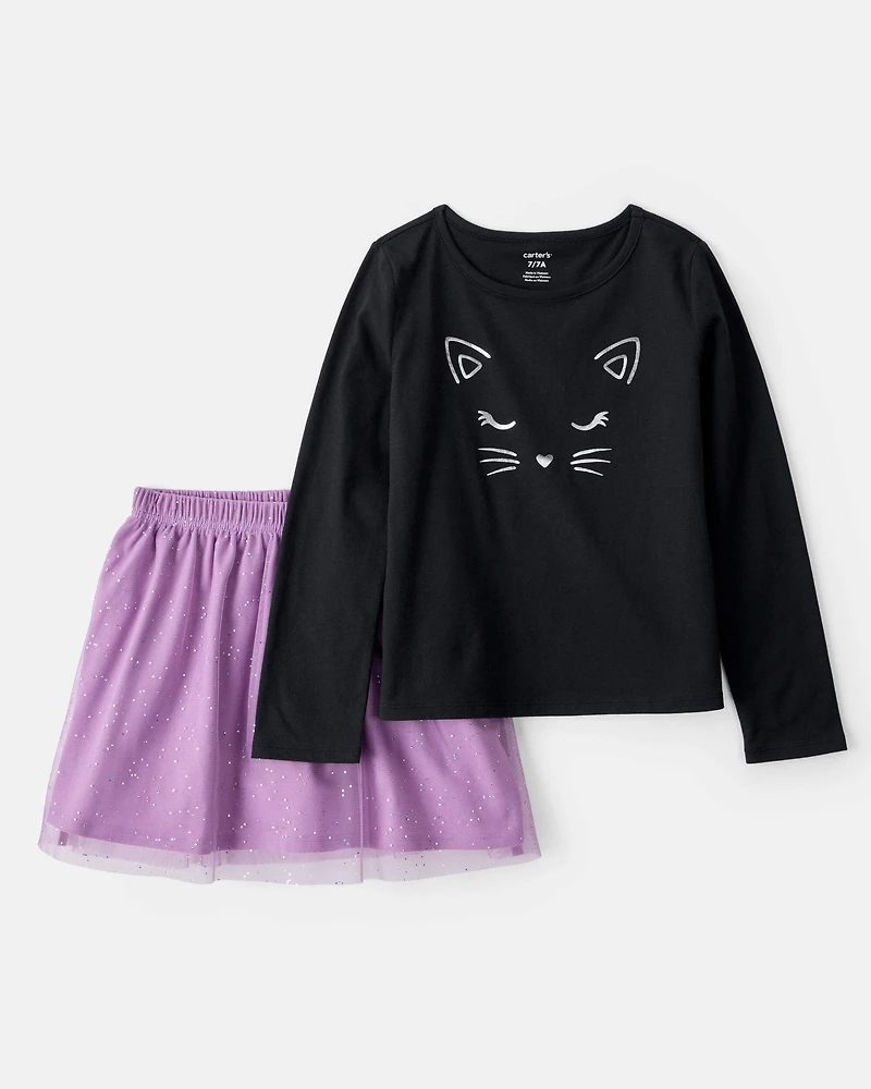 Kid 2-Piece Glitter Cat Tee & Tulle Tutu Skort Set - Black/Purple