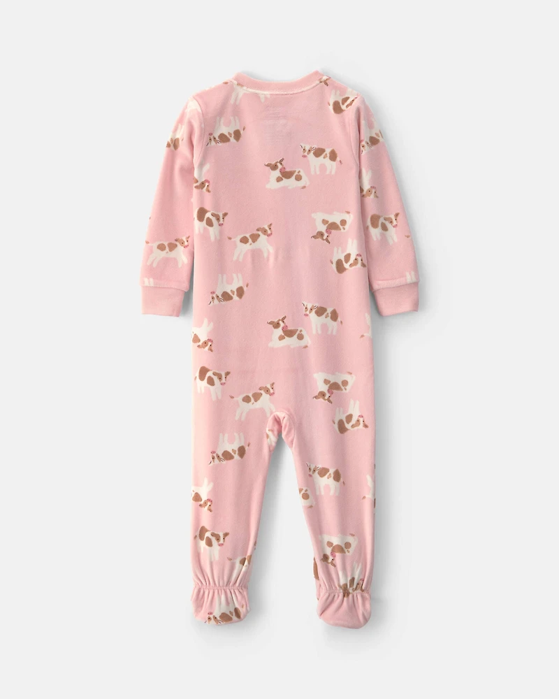 Baby Girl 1-Piece Cow 2-Way Zip DreamPlush Snug Fit Footed Pajama - Pink