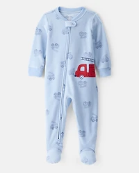Baby Boy Firetruck Print Loose Fit 2-Way Zip 1-Piece Pajamas - Blue