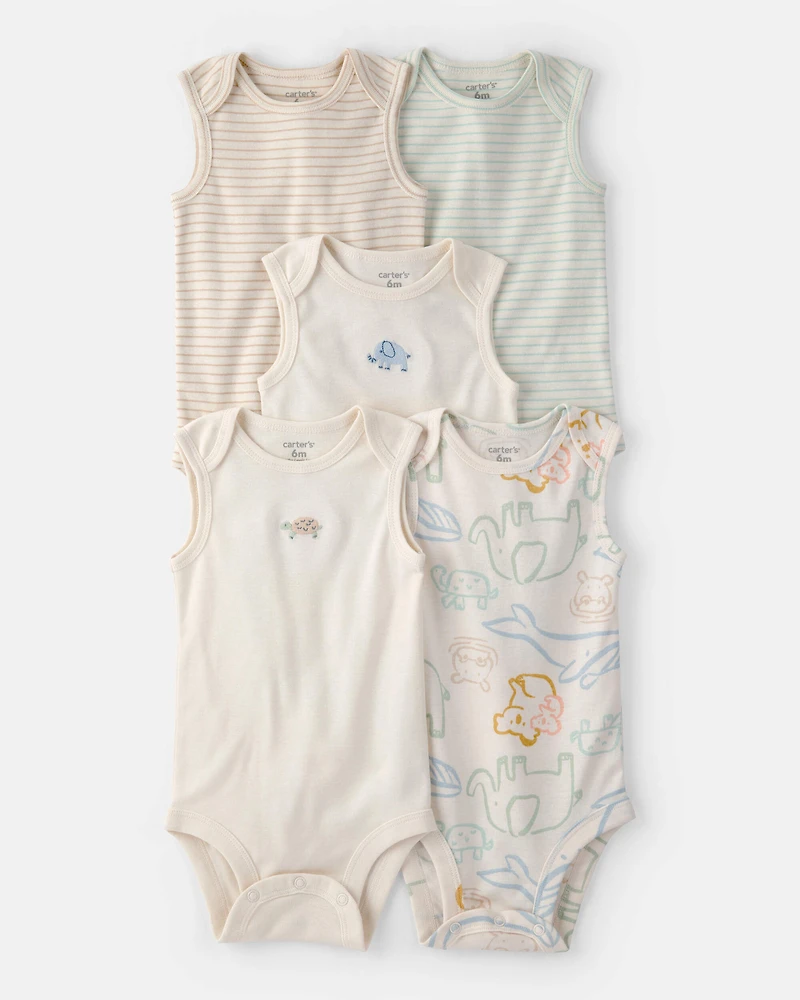 Baby 5-Pack Sleeveless Multipack Animal Bodysuits - Cream