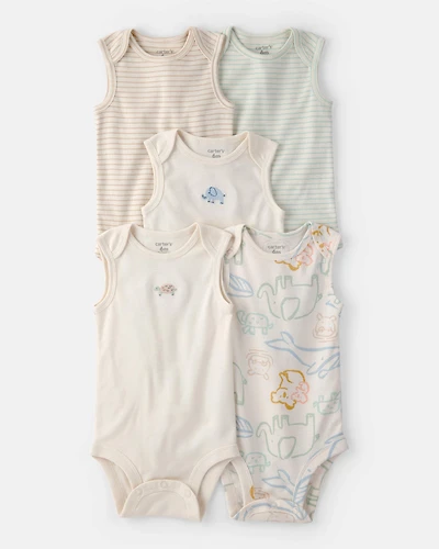 Baby 5-Pack Sleeveless Multipack Animal Bodysuits - Cream