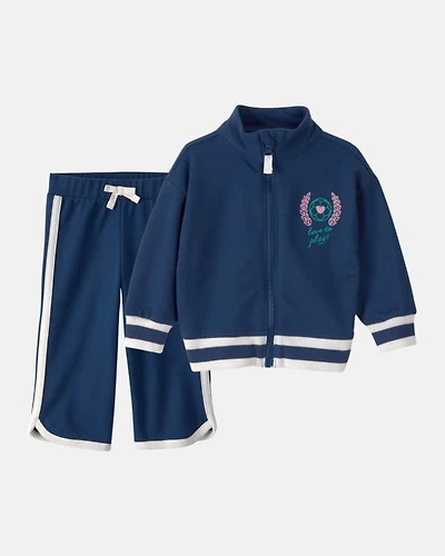 Baby Girl 2-Piece Varsity French Terry Zip-Up Jacket & Wide-Leg Pants Set - Blue