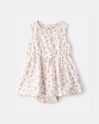 Baby Girl Floral Sleeveless Bodysuit Dress - Ivory