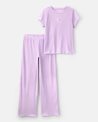 Girls Moon Rib Loose Fit 2-Piece Pajama Set - Purple