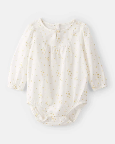 Baby Girl Star Print Cotton Long-Sleeve Fashion Bodysuit - White