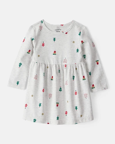 Baby Girl Christmas Tree Print Long-Sleeve Dress